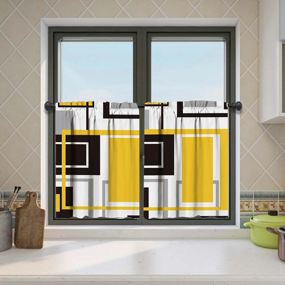 Alishomtll Kitchen Curtains Geometric Modern Art Print,Set of 2 Tiers,26"W X 24"L,Yellow Grey and Black