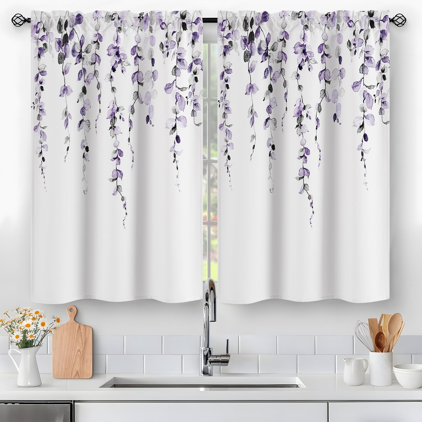 Alishomtll Kitchen Curtains Grey Purple Watercolor Leaves Print Tier Windows Drapes Sets 36 Inch ,Rod Pocket