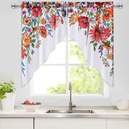 Alishomtll Kitchen Curtains Swags for Windows Blossom Floral Printed Window Drapes,28" W x 36" L,2 Panels，Rod Pocket,White