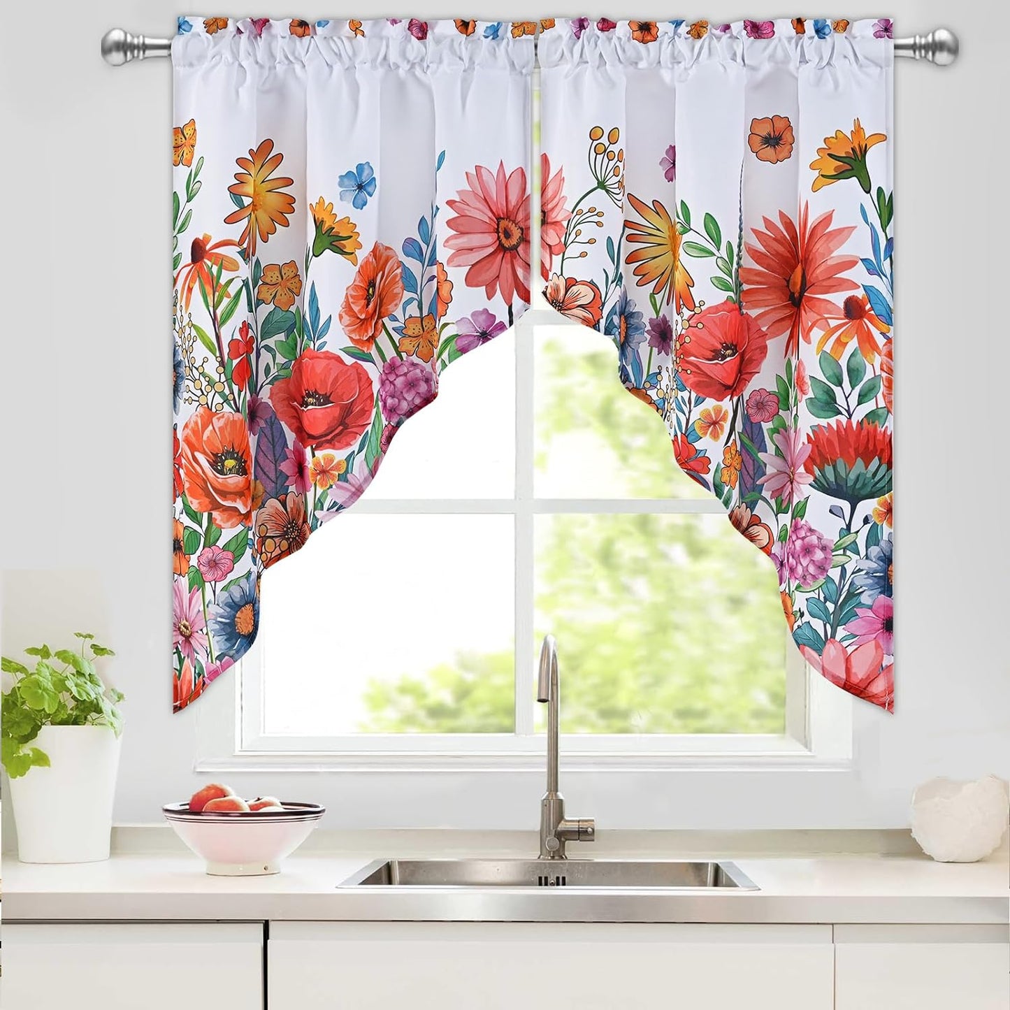 Alishomtll Kitchen Curtains Swags for Windows Blossom Floral Printed Window Drapes,28" W x 36" L,2 Panels，Rod Pocket,White