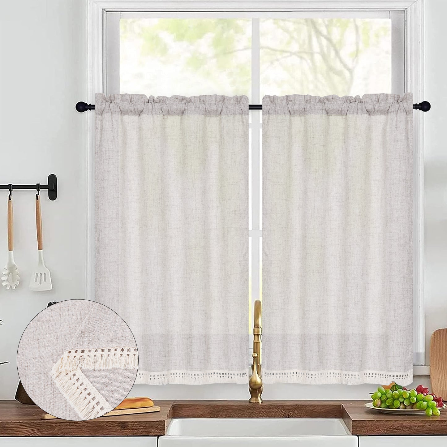 Alishomtll Kitchen Curtains Tassel Linen Café Curtains Tier for Small Window,Rod Pocket,36 inches long