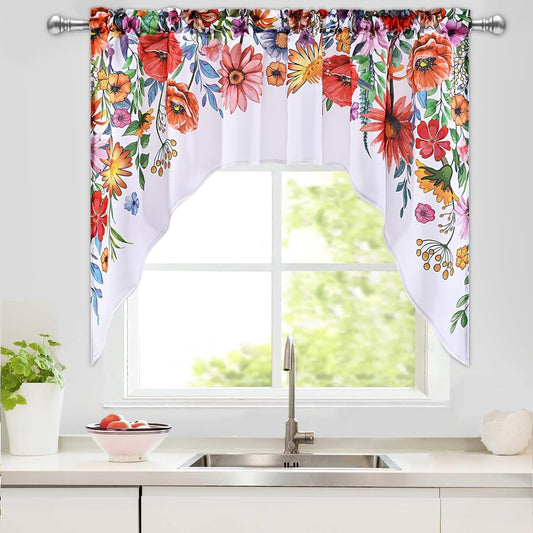 Alishomtll Kitchen Curtains Valances Swags for Windows Blossom Floral Printed Window Drapes,61" W x 36" L,Rod Pocket,White