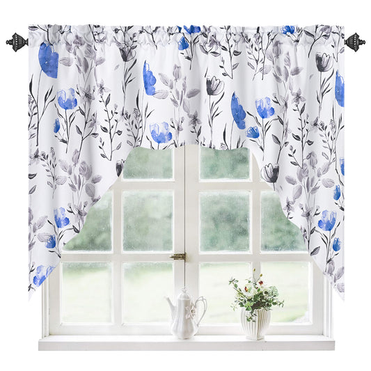 Alishomtll Kitchen Curtains Valances Swags for Windows Blue Floral Printed Window Drapes,61" W x 36" L,Rod Pocket