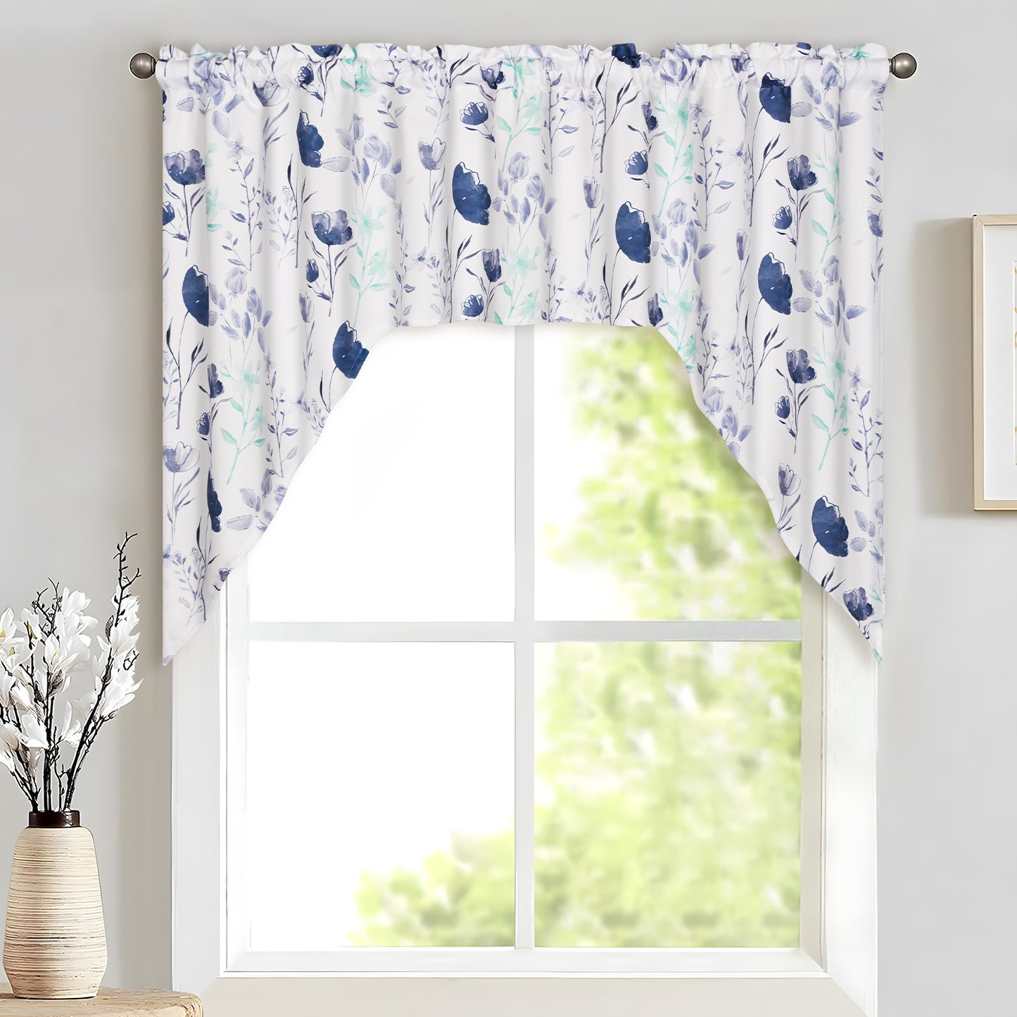 Alishomtll Kitchen Curtains Valances Swags for Windows Gray Blue Floral Printed Window Drapes,61" W x 36" L,Rod Pocket