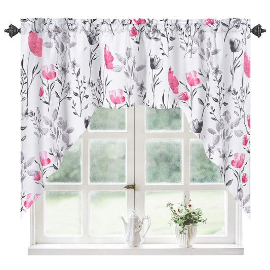 Alishomtll Kitchen Curtains Valances Swags for Windows Hot Pink Floral Printed Window Drapes,61" W x 36" L,Rod Pocket