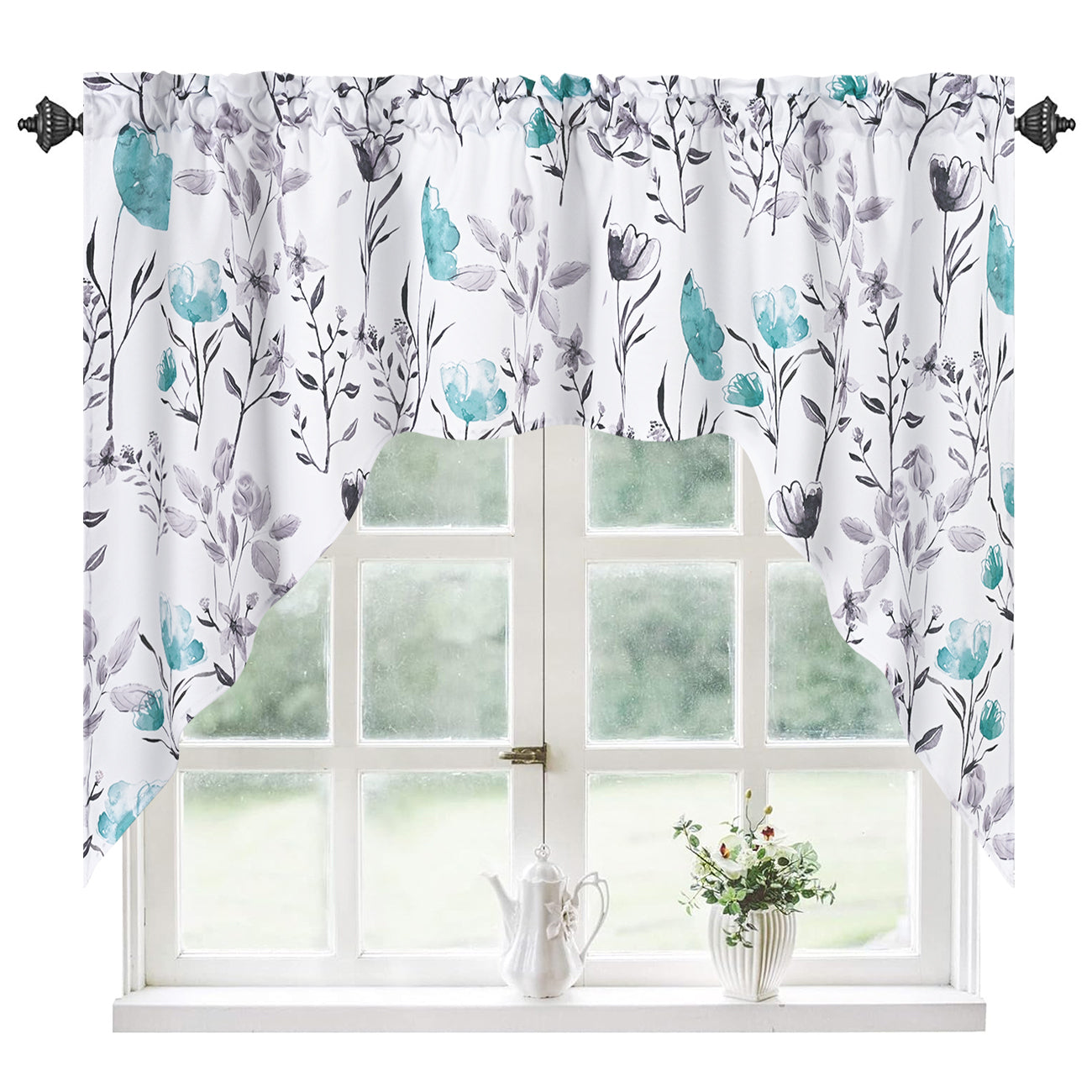 Alishomtll Kitchen Curtains Valances Swags for Windows Teal Floral Printed Window Drapes,61" W x 36" L,Rod Pocket