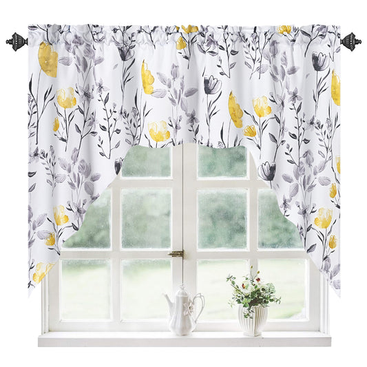 Alishomtll Kitchen Curtains Valances Swags for Windows Yellow Floral Printed Window Drapes,61" W x 36" L,Rod Pocket