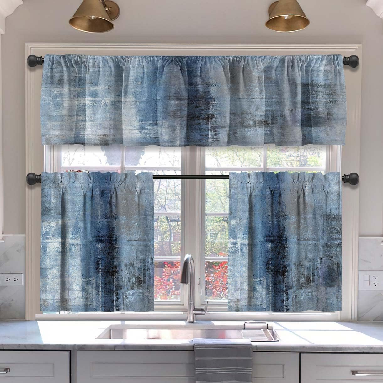 Alishomtll Kitchen Curtains and Valances Sets Blue Grey Rod Pocket Kitchen Curtains 3 Piece Set 36 Inches Long