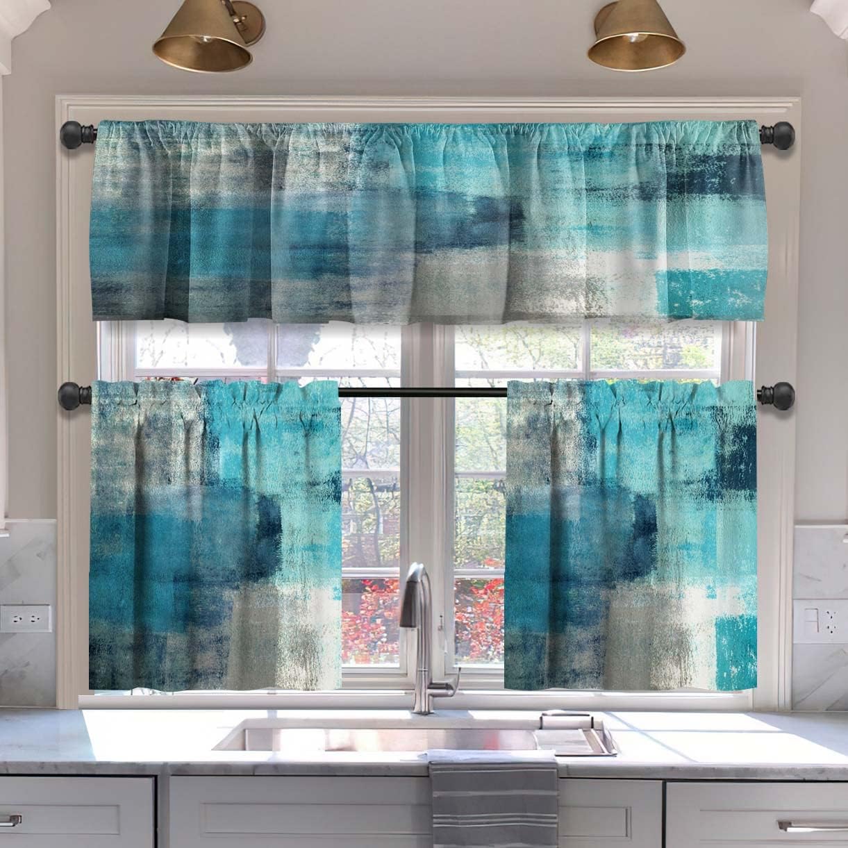 Alishomtll 3-Piece Kitchen Curtain Tier and Valance Set Abstract Turquoise Print Window Drapes ,Rod Pocket