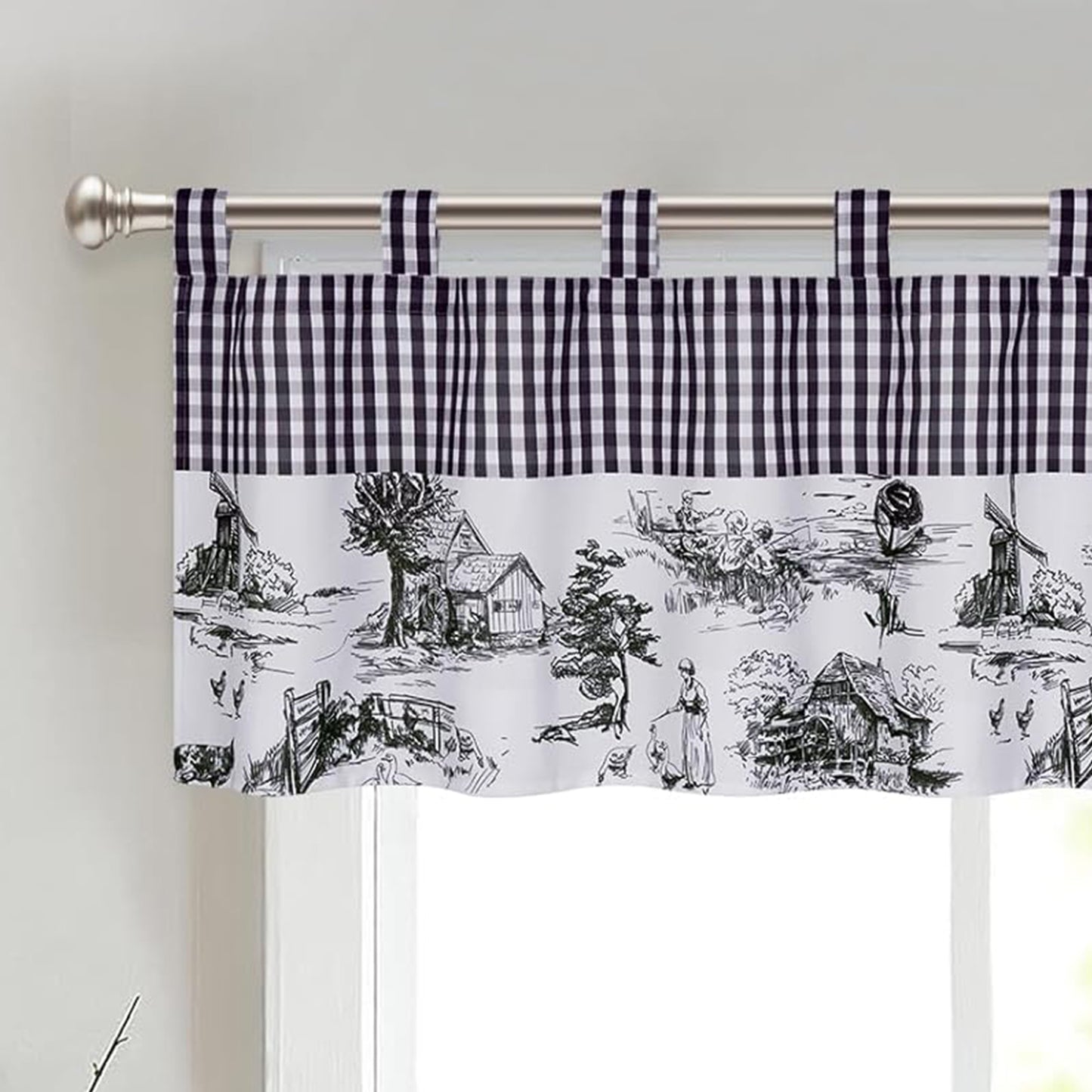 Alishomtll Linen Toile Valance Curtains for Kitchen Buffalo Plaid Printed Valances ,60''W x 18''L, 1 Panel,Black and White