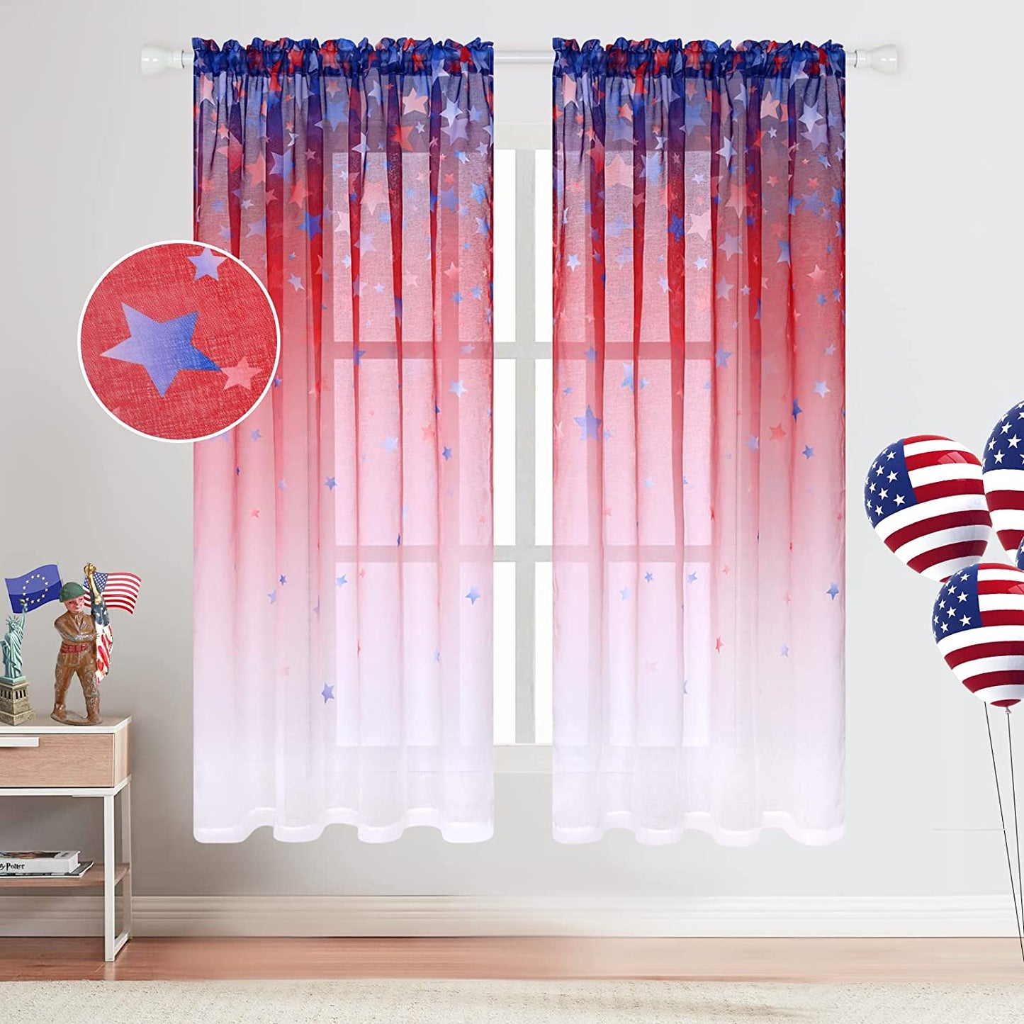 Alishomtll Sheer Curtains Panels Set of 2 Rod Pocket Semi Stars Sheer Drapes for Living Room Bedroom,Blue Red