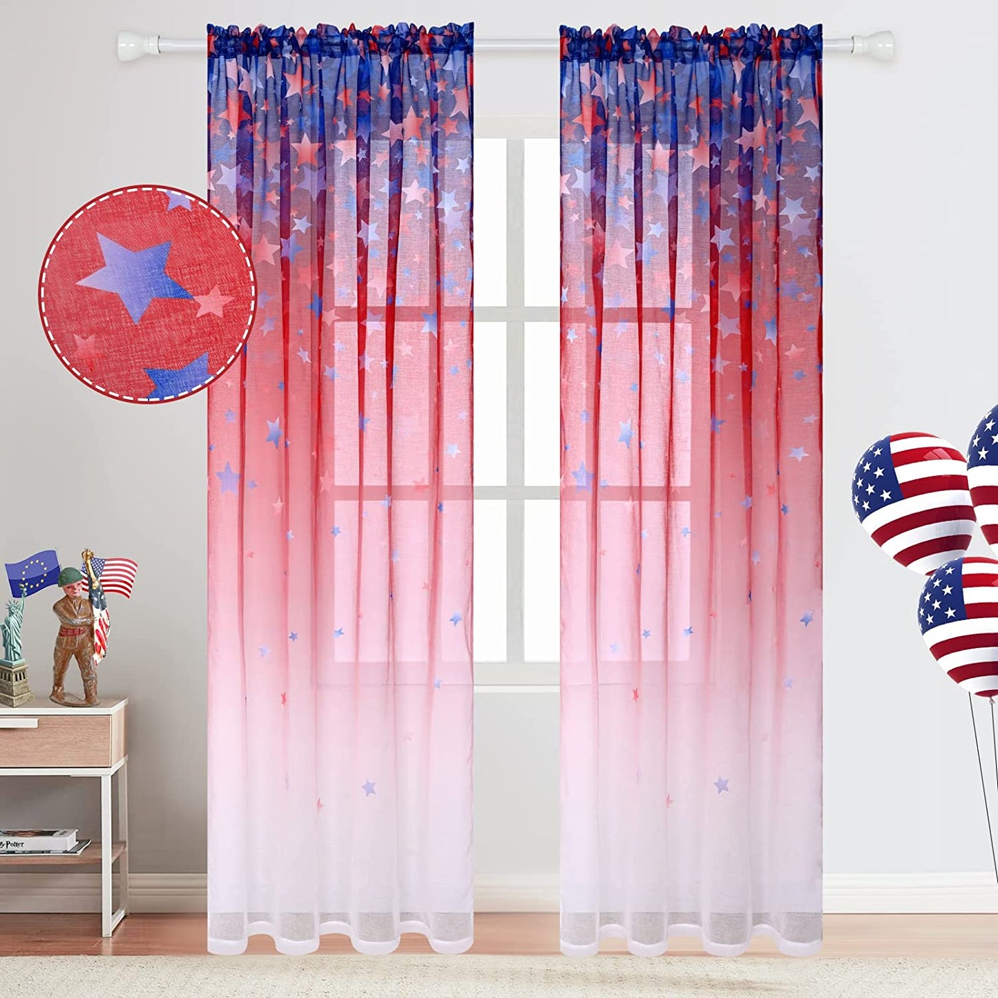 Alishomtll Sheer Curtains Panels Set of 2 Rod Pocket Semi Stars Sheer Drapes for Living Room Bedroom,Blue Red