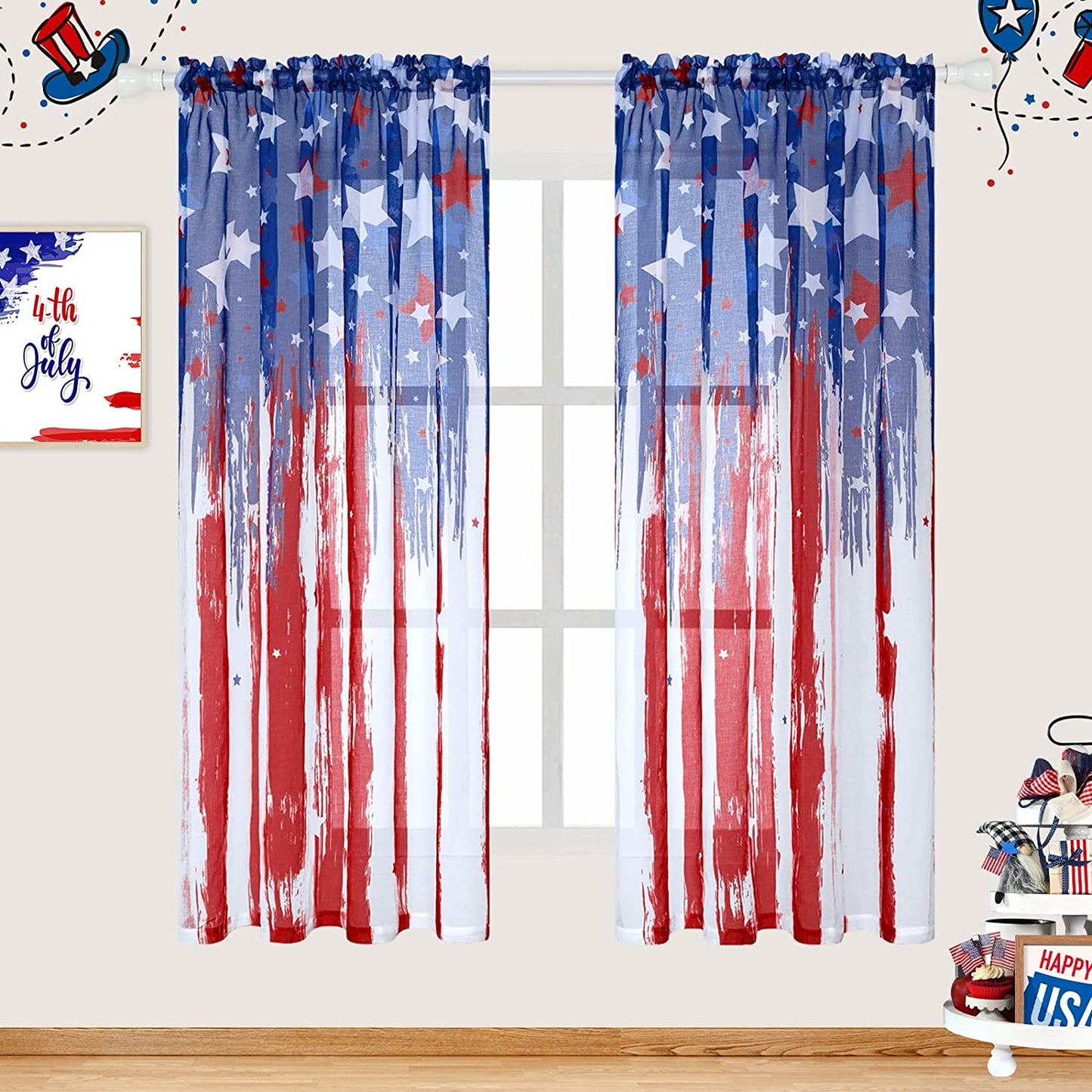 Alishomtll Sheer Curtains American Flag Print Window Curtains for Bedroom Living Room Home Decor,Rod Pocket