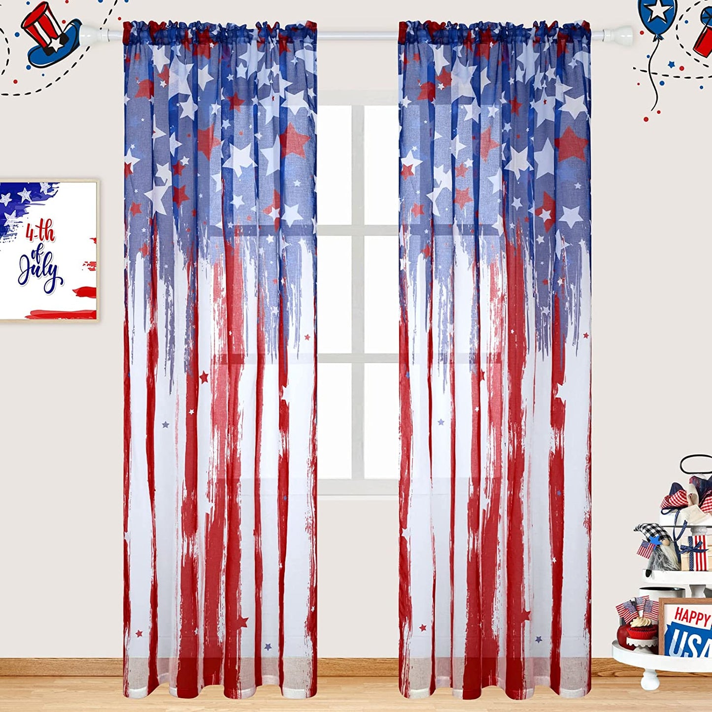 Alishomtll Sheer Curtains American Flag Print Window Curtains for Bedroom Living Room Home Decor,Rod Pocket