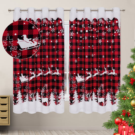 Alishomtll Snowflakes Christmas Blackout Curtain Buffalo Plaid Reindeer Christmas Tree Printed Winter Window Drape, 52"W x 63"L,2 Panels