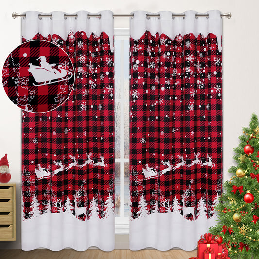 Alishomtll Snowflakes Christmas Blackout Curtain Buffalo Plaid Reindeer Christmas Tree Printed Winter Window Drape, 52"W x 84"L,2 Panels