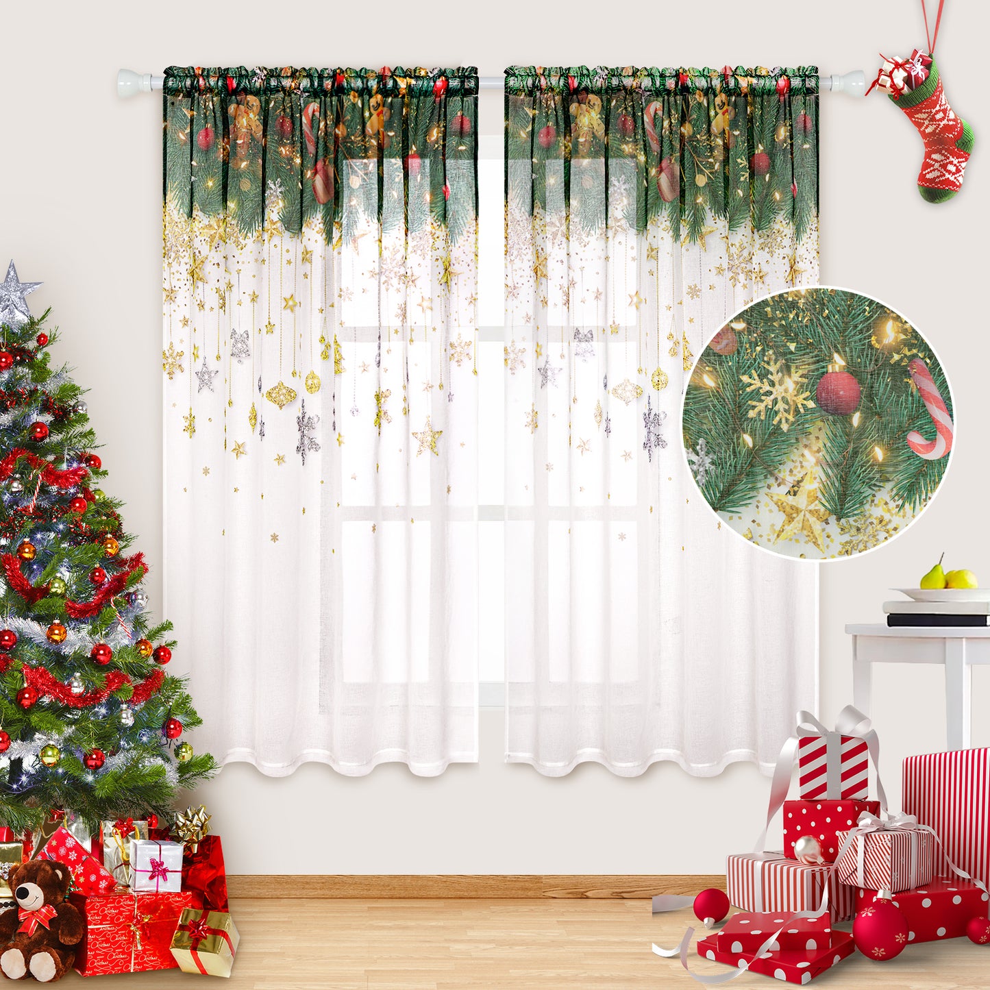 Alishomtll Snowflakes Christmas Curtain White Glitter Stars Sheer Voile Curtain Winter Window Drape, 52"W x 63"L,2 Panels