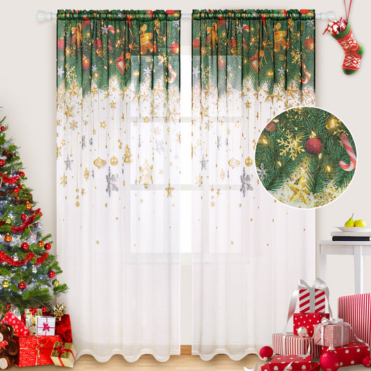 Alishomtll Snowflakes Christmas Curtain White Glitter Stars Sheer Voile Curtain Winter Window Drape, 52"W x 84"L,2 Panels