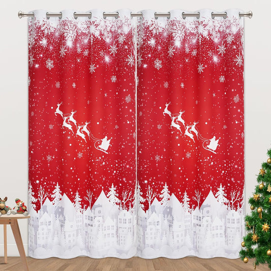 Alishomtll Snowflakes Town Christmas Blackout Curtains Grommet Window Drapes for Living Room,52 x 84 inch,Set of 2 Panel, Red