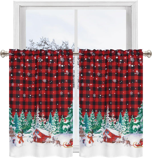 Alishomtll Snowman Christmas Kitchen Curtain Buffalo Plaid Short Curtain Tier for Window  ,Rod Pocket,36 inches long