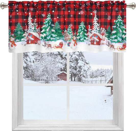 Alishomtll Snowman Christmas Kitchen Curtains Buffalo Plaid Window Valance for Kitchen ,52" x 18",Rod Pocket