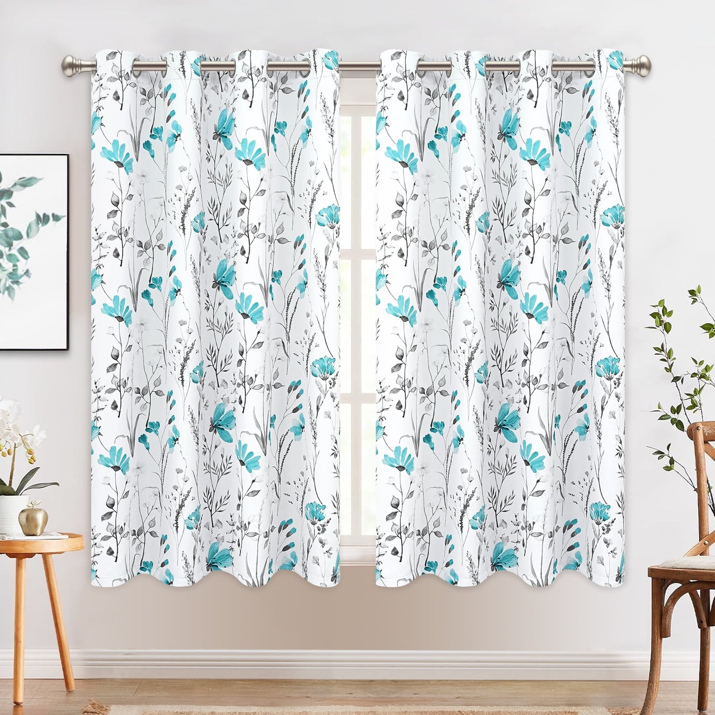 Alishomtll Teal Floral Blackout Curtains for Living Room Bedroom Energy Efficient Thermal Insulated Grommet Window Drapes, 52"x 63",Set of 2