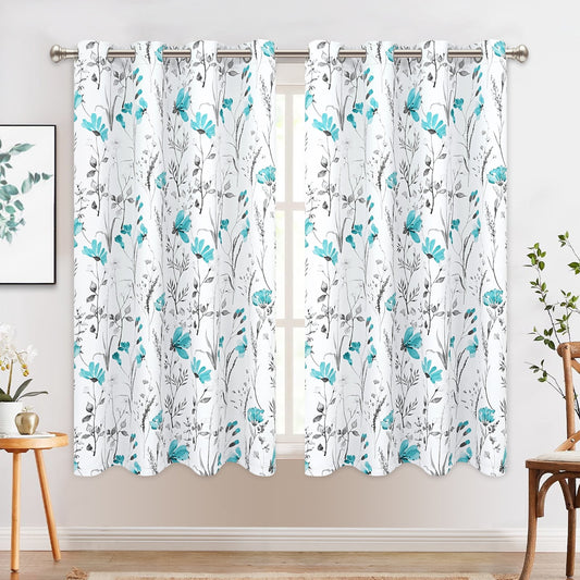 Alishomtll Teal Floral Blackout Curtains for Living Room Bedroom Energy Efficient Thermal Insulated Grommet Window Drapes, 52"x 63",Set of 2