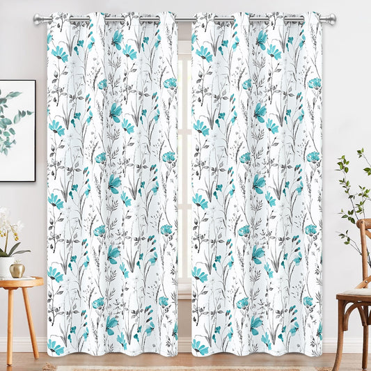 Alishomtll Teal Floral Blackout Curtains for Living Room Bedroom Energy Efficient Thermal Insulated Grommet Window Drapes, 52"x 84",Set of 2