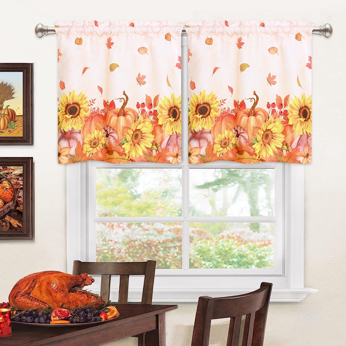 Alishomtll Thanksgiving Fall Autumn Kitchen Curtains Pumpkins Print Tier Curtains Rod Pocket Small Window Curtain Sets,26"Wx24"L,2 Panels