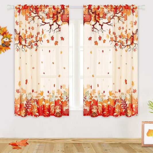 Alishomtll Thanksgiving Fall Curtains for Living Room Semi Sheer Voile Maple Leaves Window Drapes ,2 Panels,52"W × 63"L,Rod Pocket