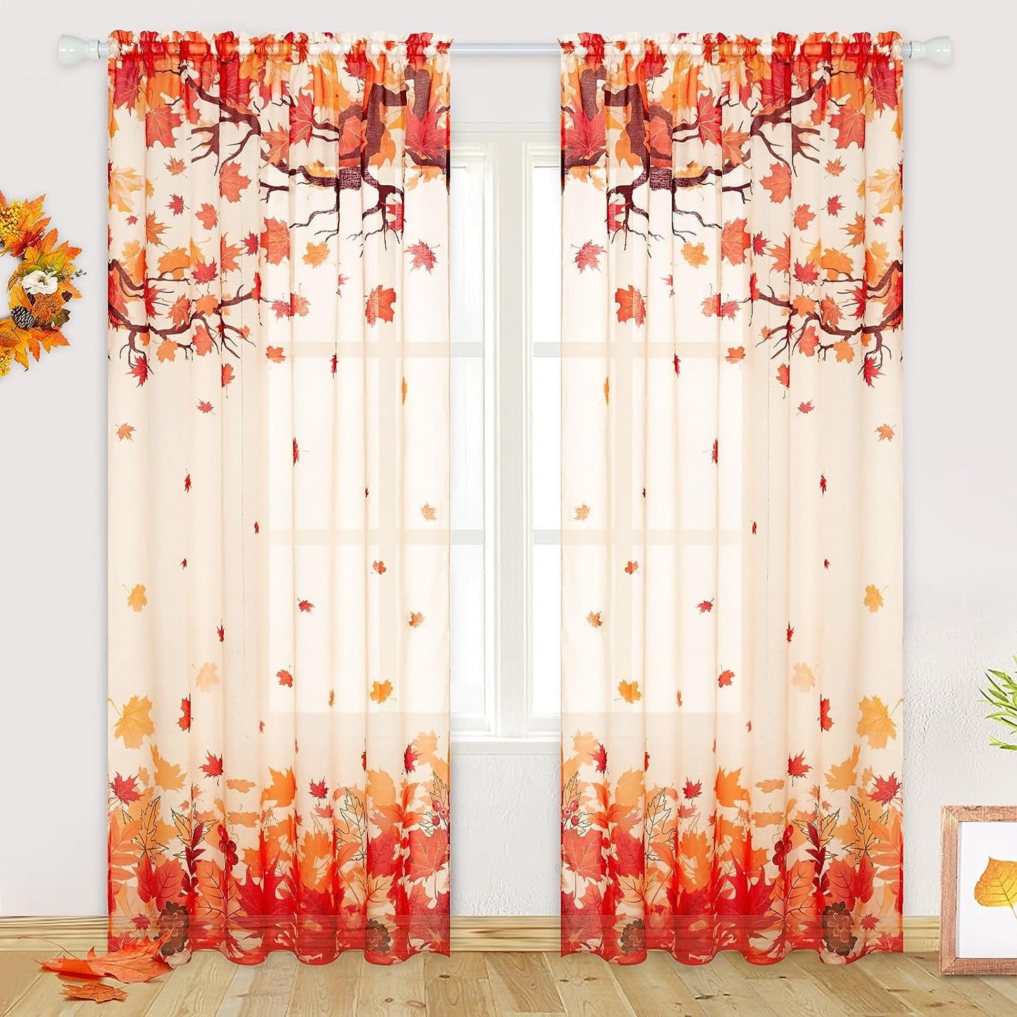 Alishomtll Thanksgiving Fall Curtains for Living Room Semi Sheer Voile Maple Leaves Window Drapes ,2 Panels,52"W × 84"L,Rod Pocket