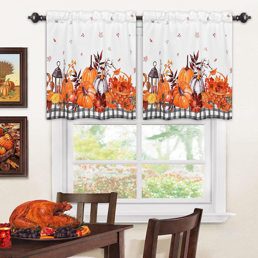 Alishomtll Thanksgiving Fall Tier Curtains for Kitchen Maple Leaves Pumpkin Printed Short Window Curtain Sets in 24 Length