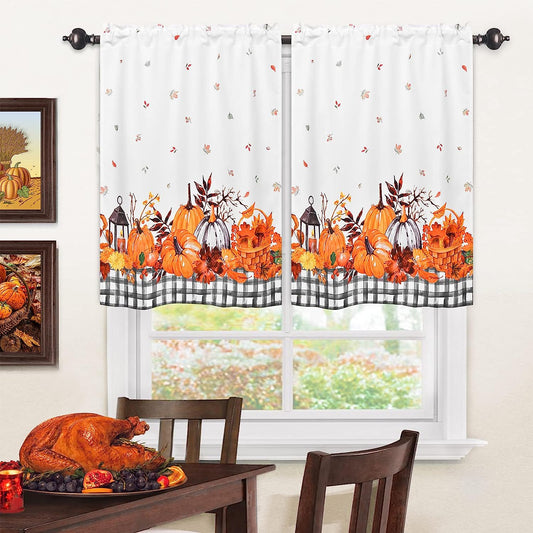 Alishomtll Thanksgiving Fall Tier Curtains for Kitchen Maple Leaves Pumpkin Printed Short Window Curtain Sets in 36 Length