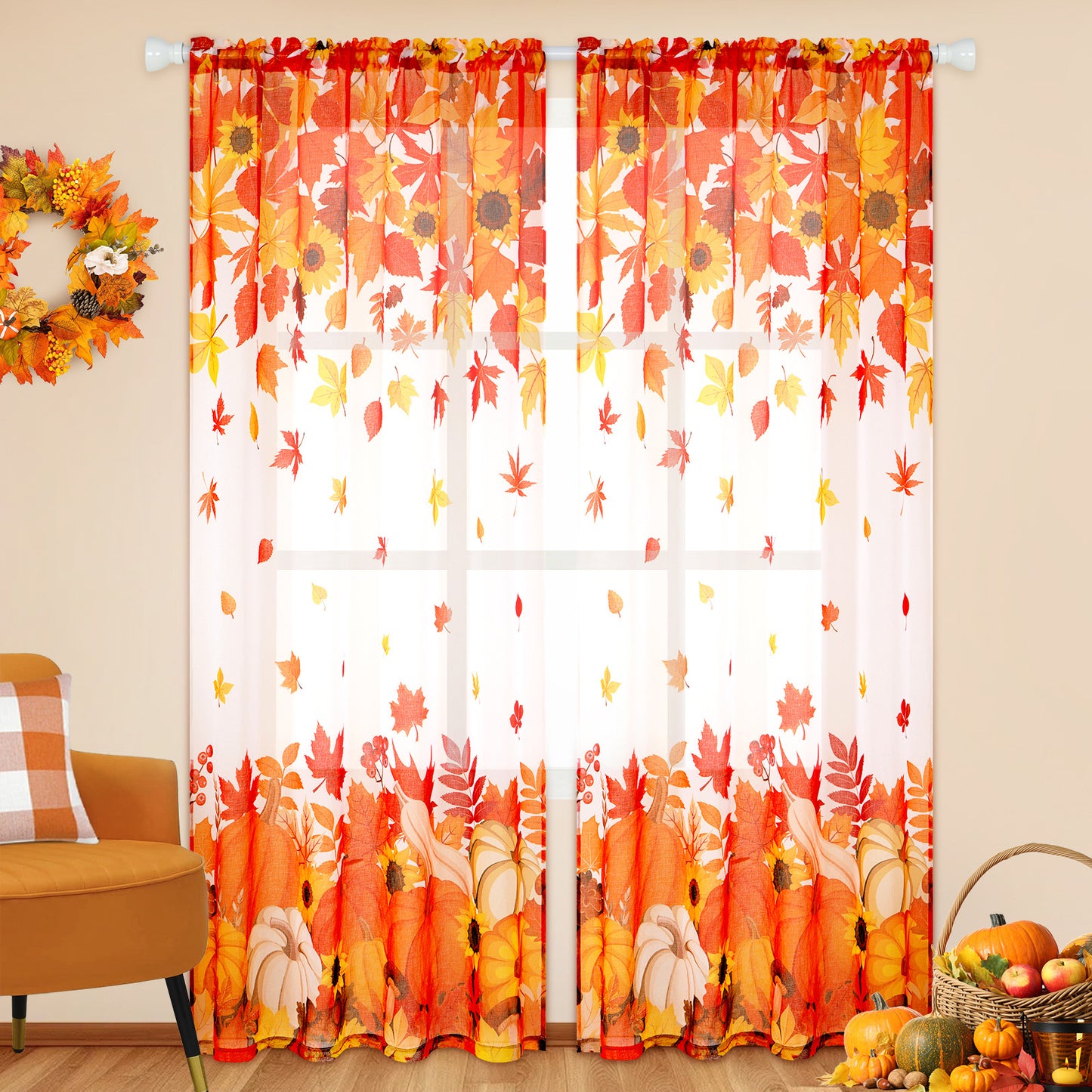 Alishomtll Fall Thanksgiving Curtains Autumn Pumpkin 84 Inch Length Falling Maple Leaves Semi Sheer Voile Window Drapes