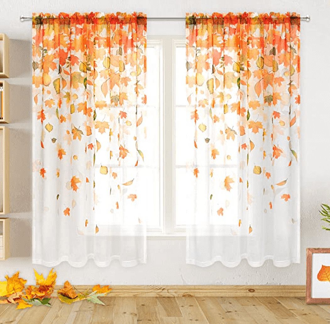 Alishomtll Thanksgiving Sheer Curtains 63 Inch Length Rod Pocket Autumn Falling Maple Leaves Semi Sheer Voile Window Treatment for Bedroom Dining Room