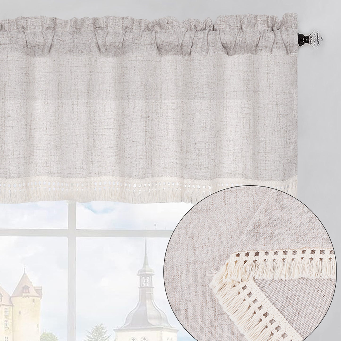 Alishomtll Valance Curtain Tassel Linen Textured Farmhouses Window Drapes ,Rod Pocket,52Wx18L