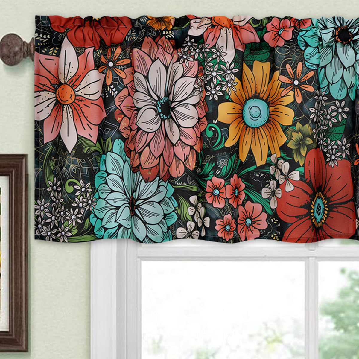 Alishomtll Valance Curtain for Kitchen 18 inch Boho Floral Print Farmhouse Valance Small Curtain,Rod Pocket,1 Panel