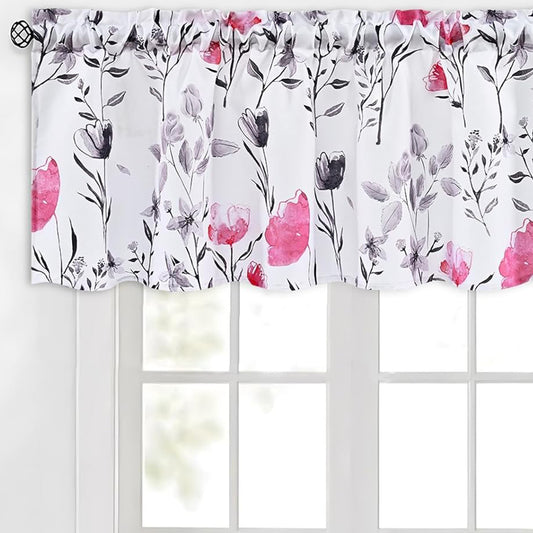 Alishomtll Valance Curtains Flower Print Window Curtain Valance Rod Pocket, Hot Pink ,52W" x 18L"