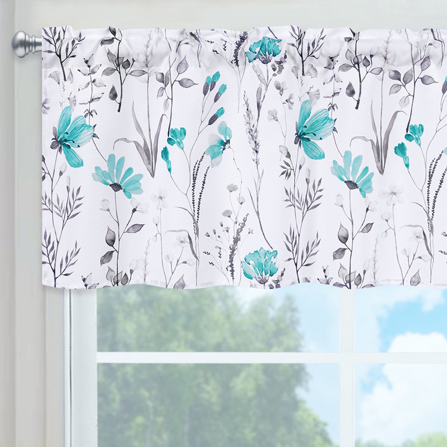 Alishomtll Valance Curtains Teal Flower Floral Print Valances for Windows Rod Pocket,52W" x 18L"