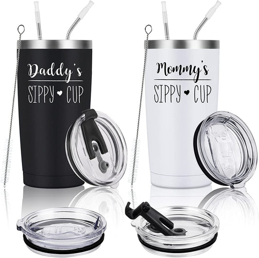 Gingprous 20oz Daddy’s and Mommy’s Sippy Cup Travel Tumbler Set, Father’s Day Mother's Day Gifts , Vacuum Insulated Stainless Steel Tumbler with Straw and Lid，Black and White