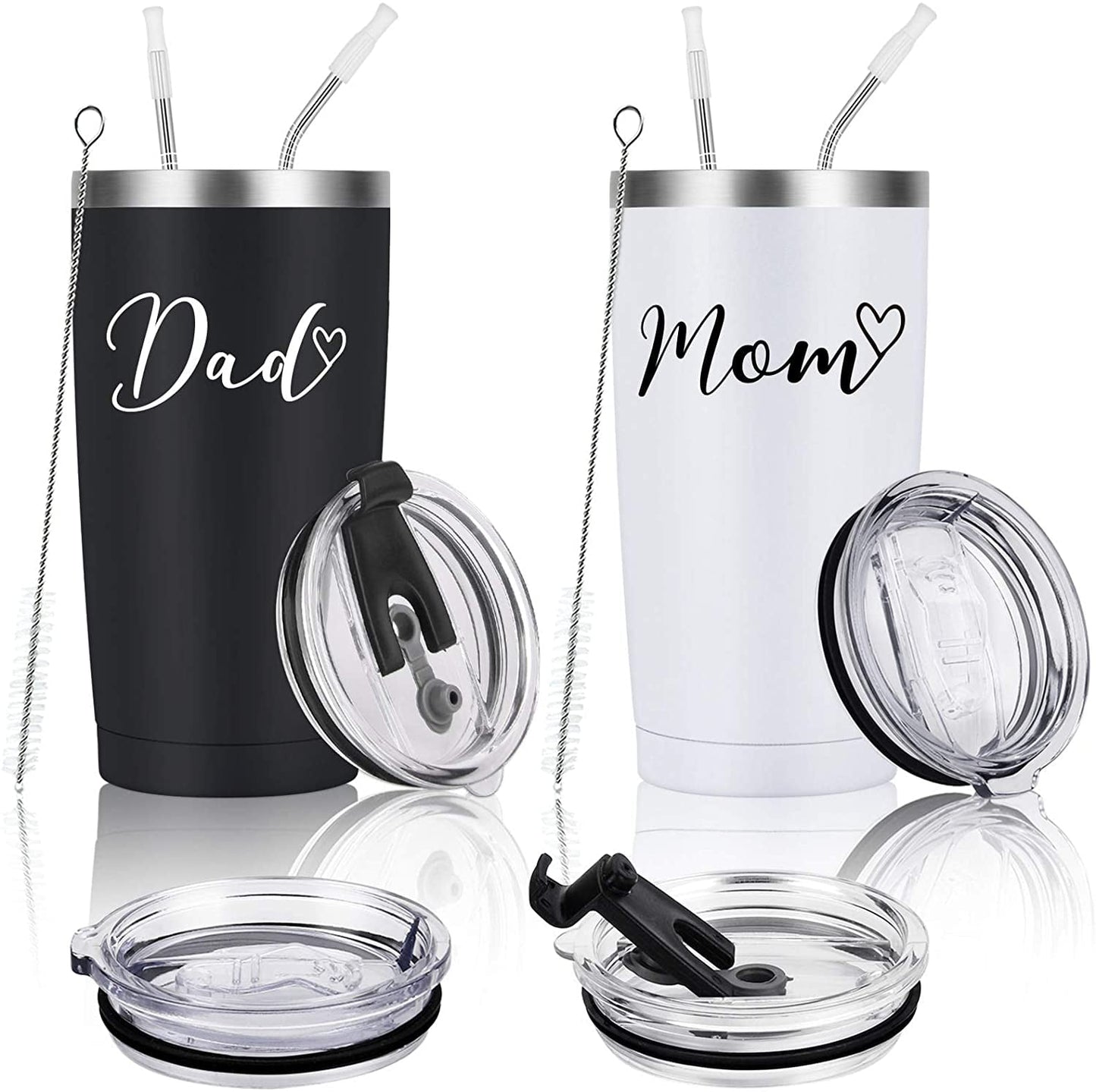 Gingprous Mom and Dad Stainless Steel Travel Tumbler Set, 20oz Double Wall Travel Tumblers, Vacuum Insulated Tumblers , Father’s Day Mother's Day Gifts , Black and White