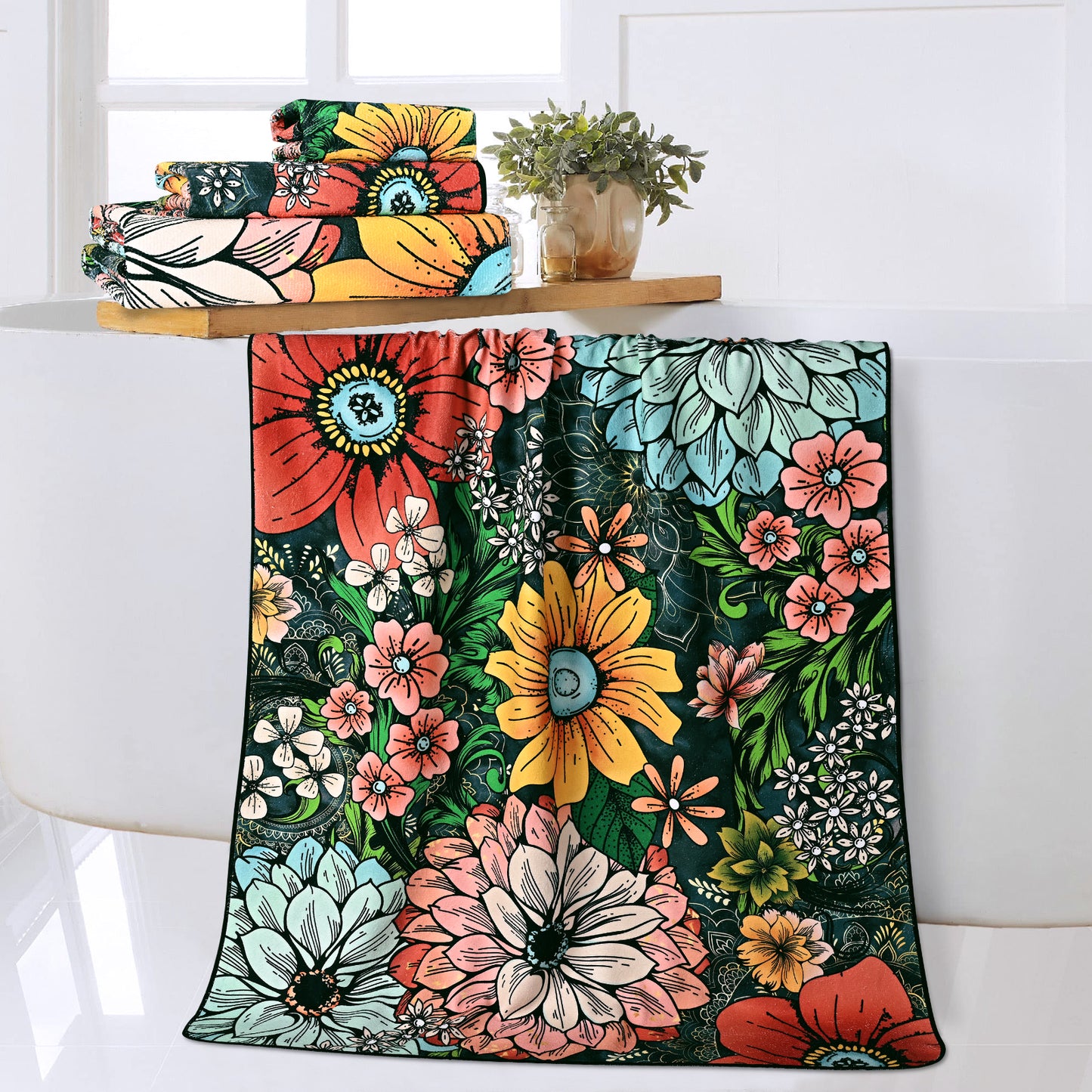 Alishomtll Boho Floral Bath Towels 3Pcs Bathroom Towels Sets Include Bath Towel, Hand Towel and Washcloth,Bohemian Watercolor Flower Print