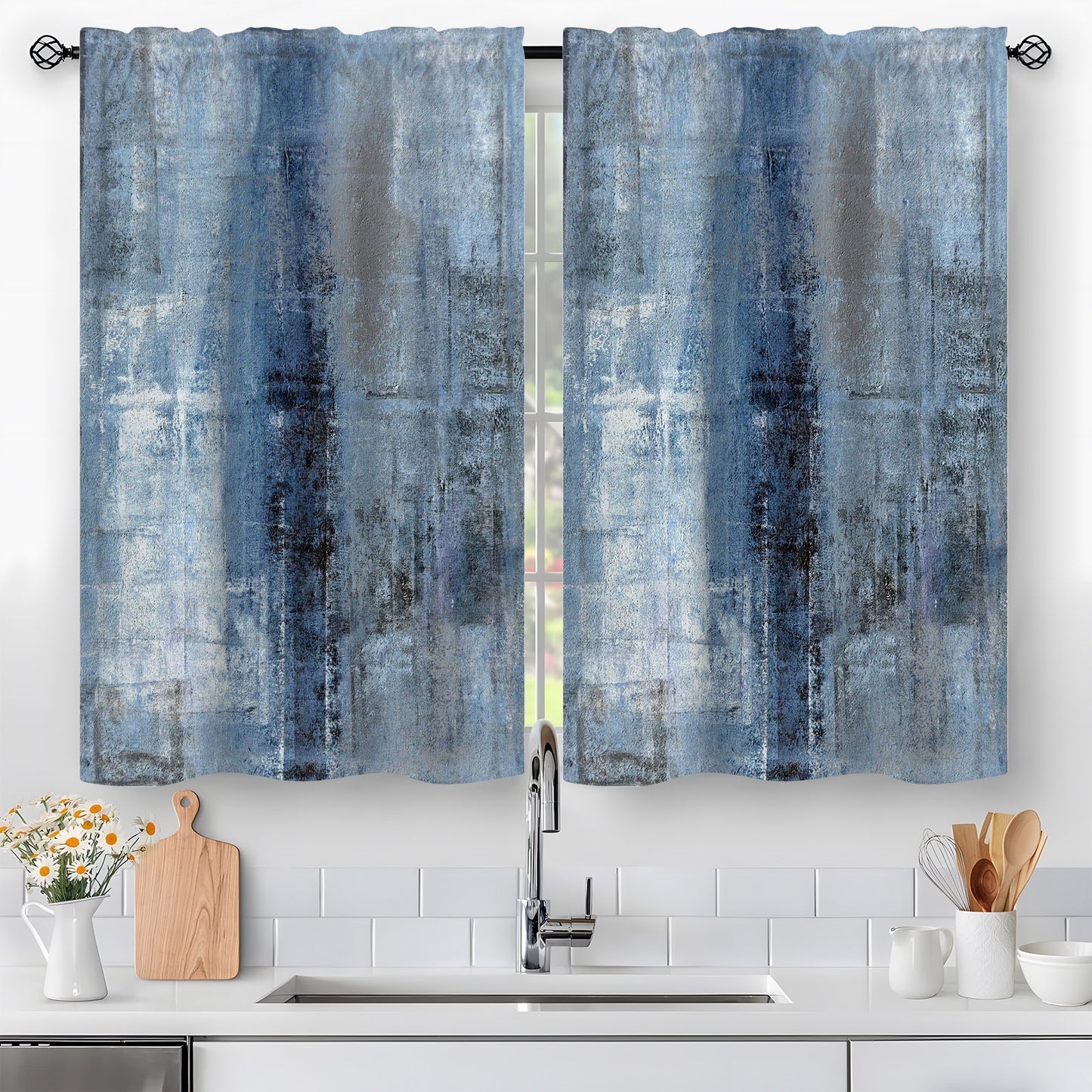 Alishomtll Kitchen Curtains Tiers Blue Grey Kitchen Tiers Set 2 Piece for Windows Living Room 36 Inches Long