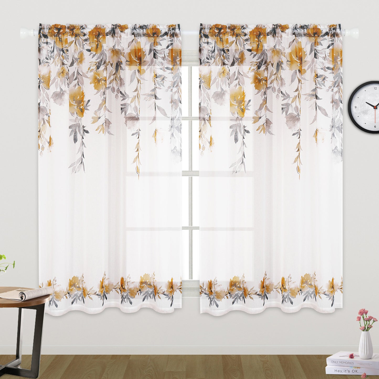 Alishomtll Floral Sheer Curtains 63 Inch Long Rod Pocket Yellow Flower Semi Sheer Voile Window Treatment For Bedroom Dining Room