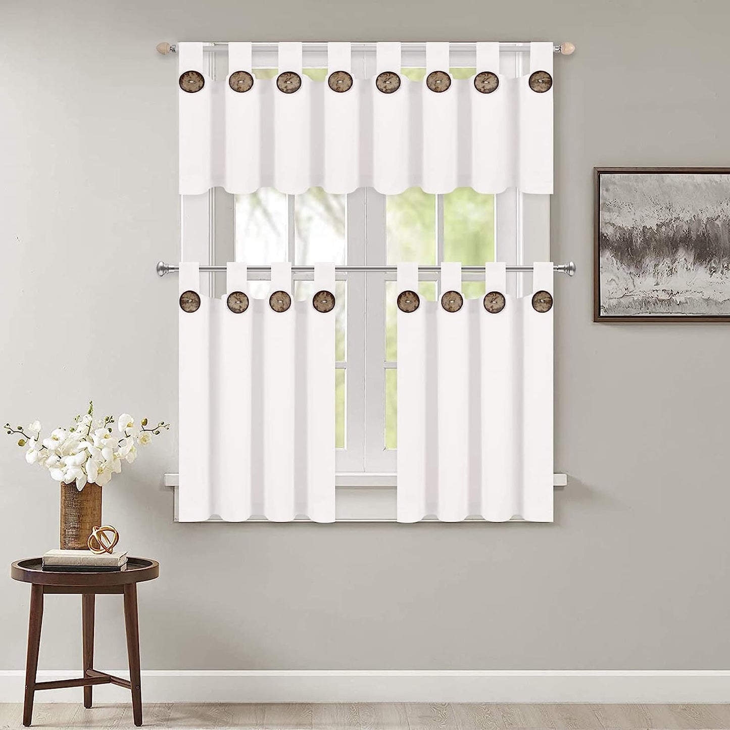 Alishomtll Farmhouse Kitchen Curtains Tab Top Button Cafe Curtains Tier Set ,White ,2 Panels