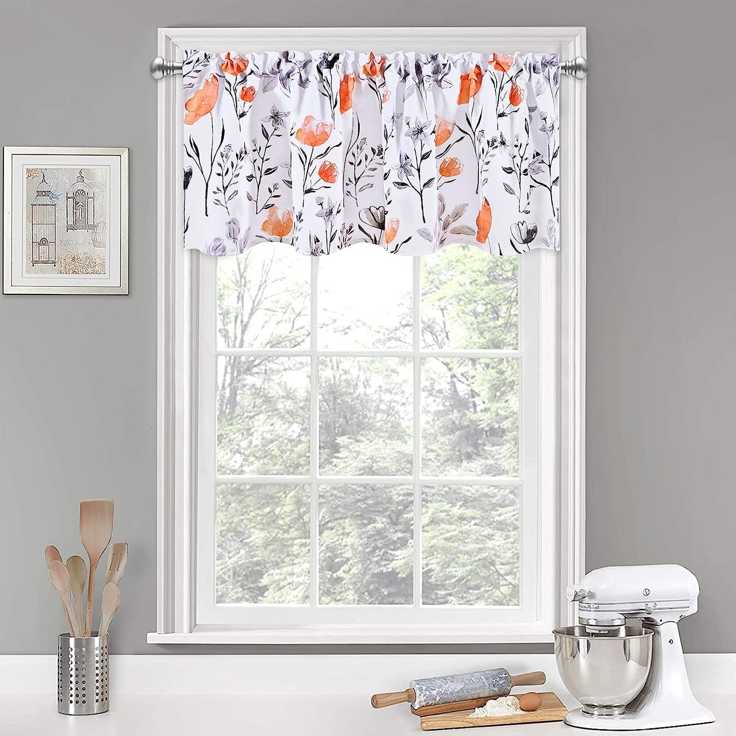 Alishomtll Flower Print Rod Pocket Kitchen Curtain Valance, Orange ,52W" x 18L", 1 Panel