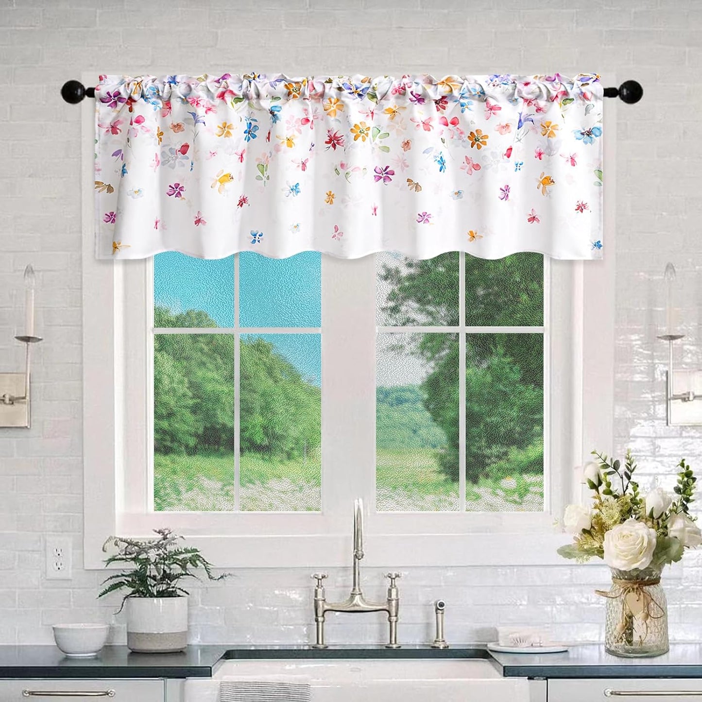 Alishomtll Floral Valance Curtains Falling Blossoming Petals Print Window Curtain Valance Rod Pocket,52W" x 18L"