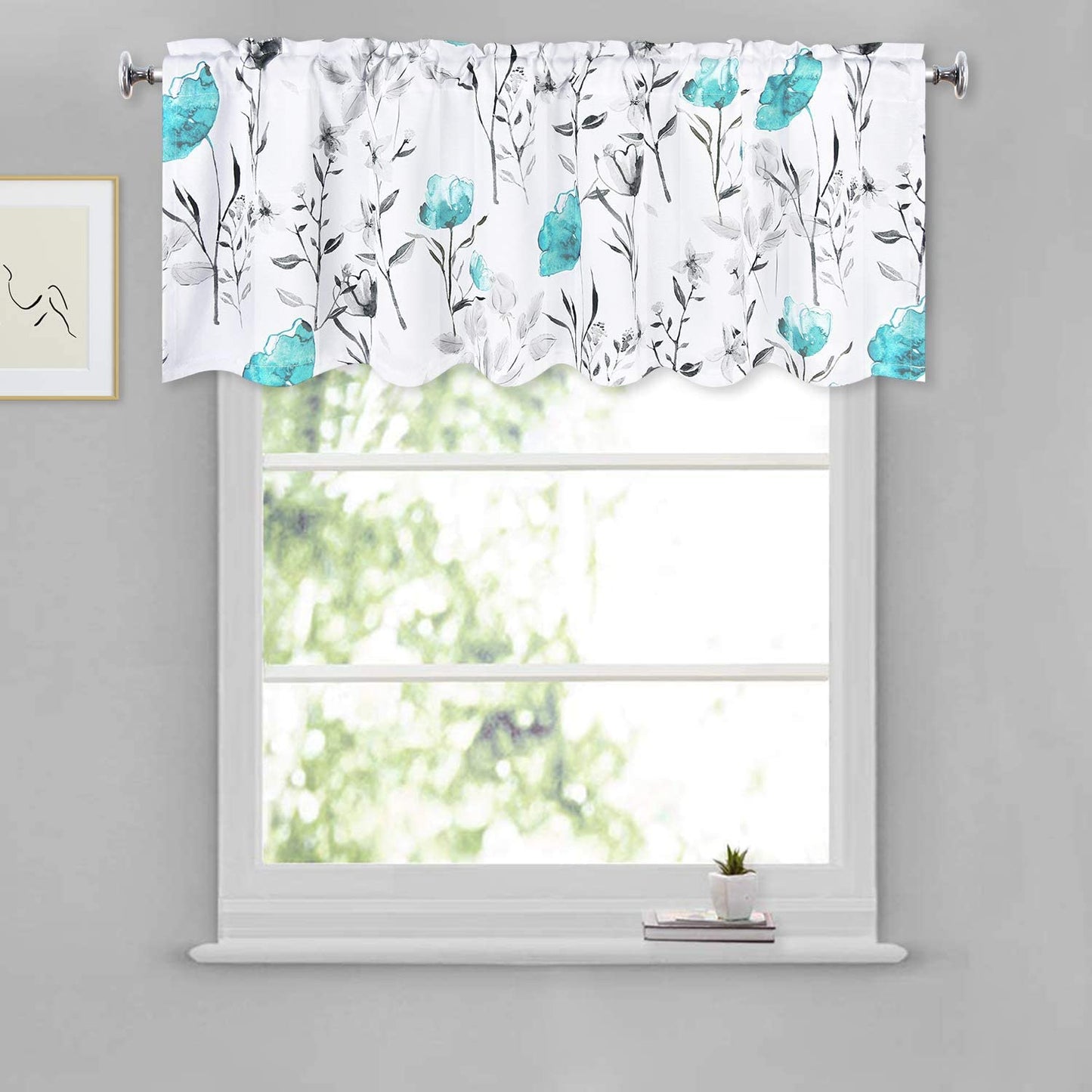 Alishomtll Flower Print Rod Pocket Kitchen Curtain Valance, Teal ,52W" x 18L", 1 Panel