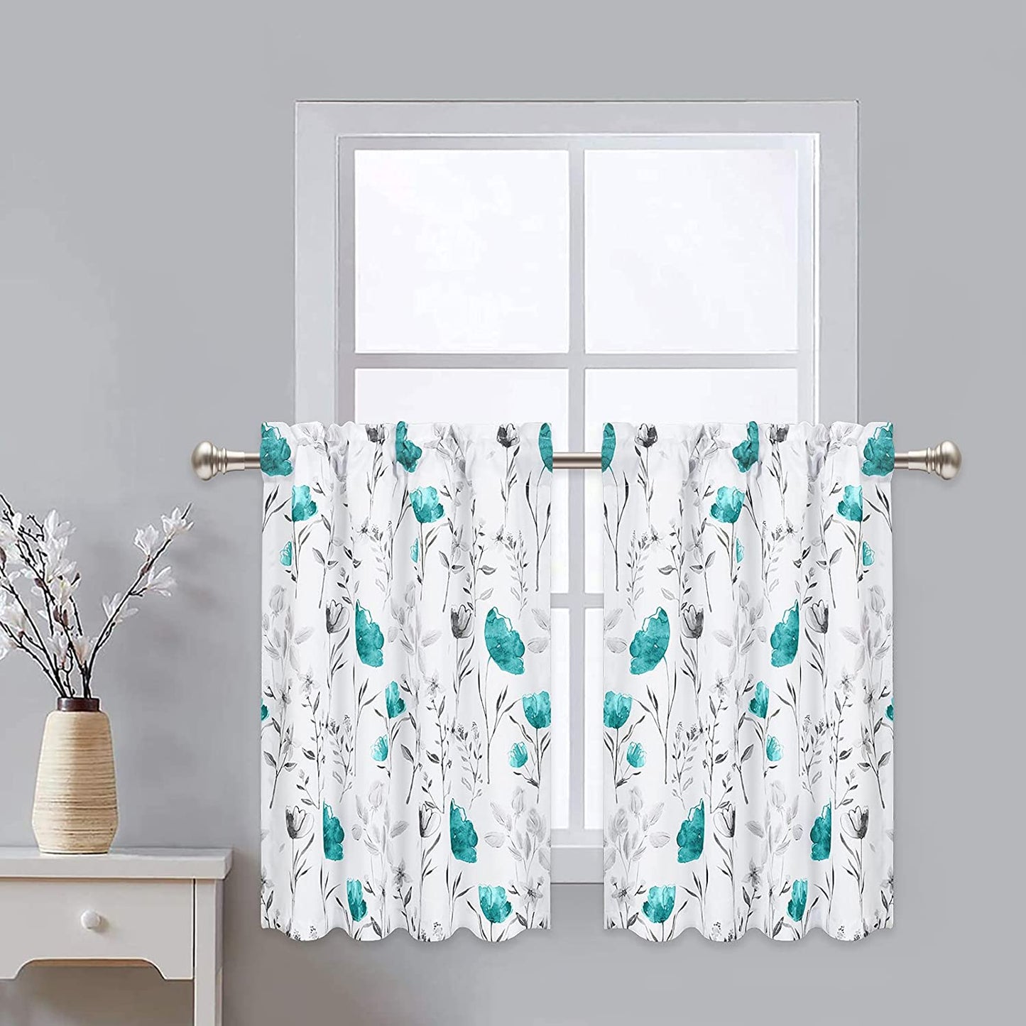 Alishomtll Kitchen Curtains Teal Floral Watercolor Print Tier Curtains Light Filtering Rod Pocket Small Window Curtain Sets,26"Wx24"L,2 Panels