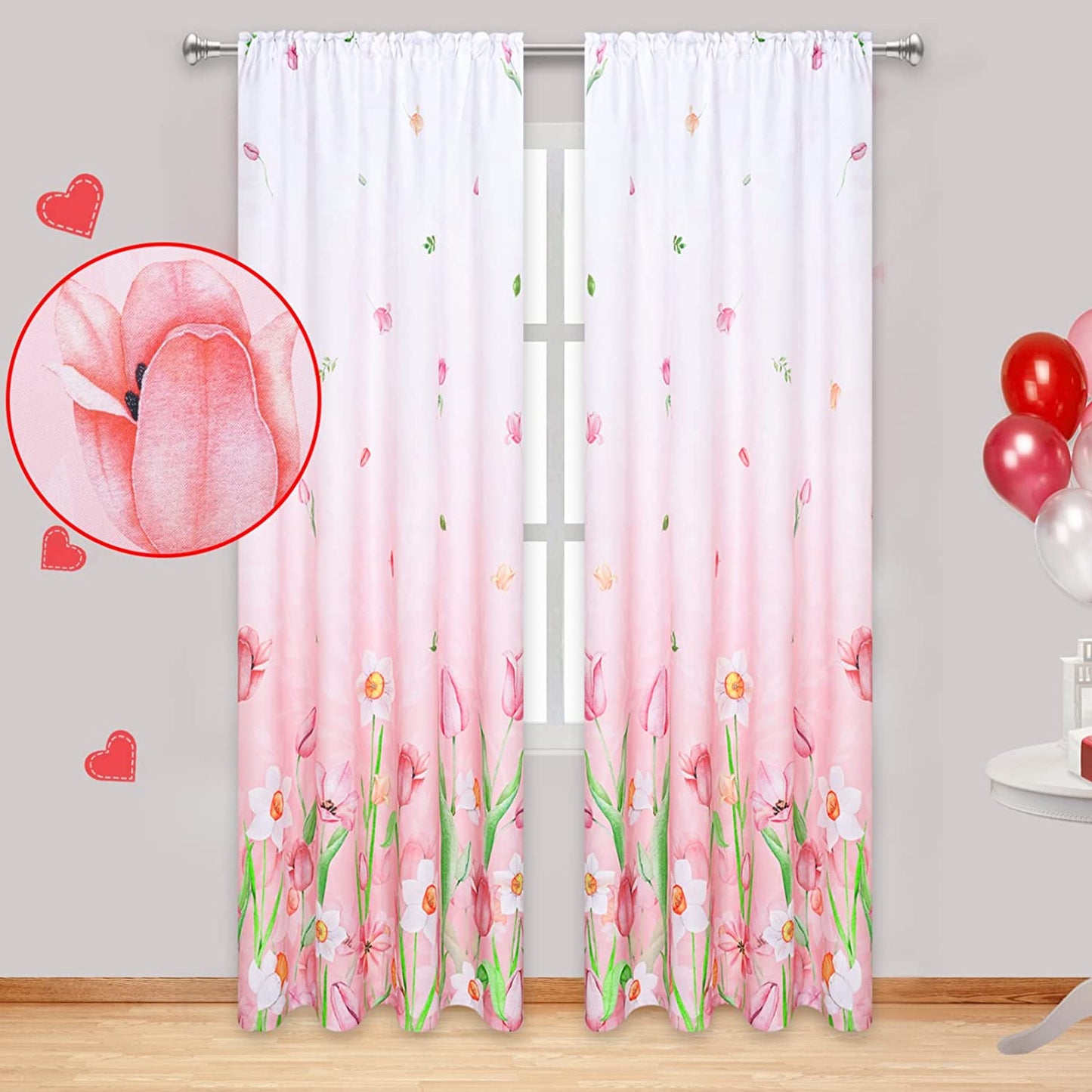 Alishomtll Pink Curtains Rod Pocket Light Filtering Floral Print Ombre Drapes for Living Room Bedroom,2 Panels